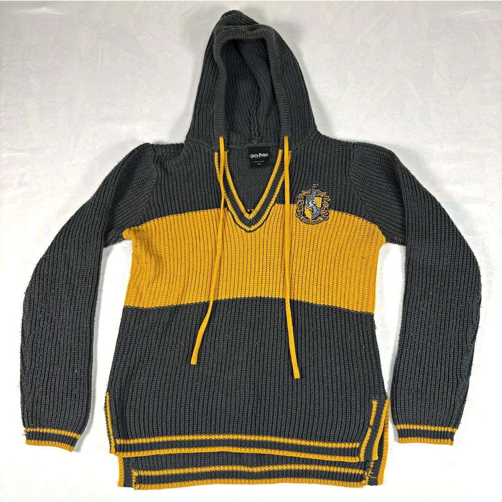 Harry Potter Hufflepuff Hooded Sweater Women's SM Gray Yellow Knit Crest Hoodie